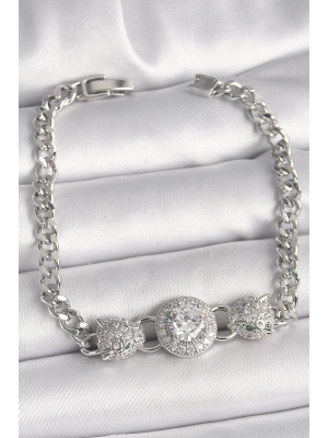 ® Pirinç Gümüş Renk Zirkon Taşlı Leopar Figür Zincir Model Kadın Bileklik