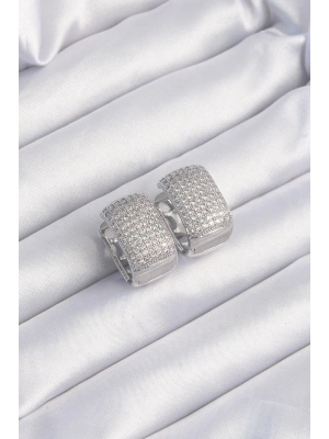 ® Pirinç Gümüş Renk Zirkon Taşlı Minimal Halka Küpe