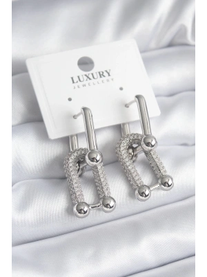 ® Pirinç Gümüş Renk Zirkon Taşlı Model VIP Seri Kadın Küpe