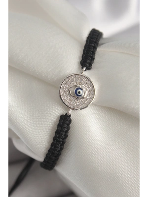 ® Pirinç Gümüş Renk Zirkon Taşlı Nazar Boncuk İşleme Makrome Asansörlü Model Kadın Bileklik