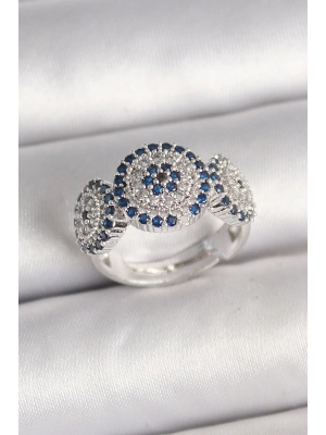 ® Pirinç Gümüş Renk Zirkon Taşlı Nazar Boncuk Model Ayarlanabilir Kadın Yüzük