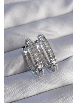 ® Pirinç Gümüş Renk Zirkon Taşlı Oval Model Küpe