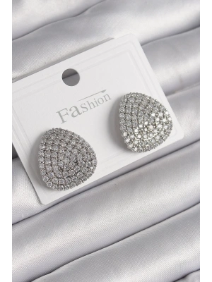 ® Pirinç Gümüş Renk Zirkon Taşlı Plaka Model Kadın Küpe