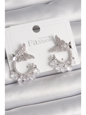 ® Pirinç Gümüş Renk Zirkon Taşlı Sallantı Detay Kelebek Model Kadın Küpe