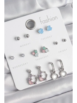 ® Pirinç Gümüş Renk Zirkon Taşlı Sallantı Halka Model Çiçek Detay 7 Çift Kadın Küpe Seti