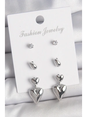 ® Pirinç Gümüş Renk Zirkon Taşlı Sallantılı Kalp Model 3 Çift Kadın Küpe Seti
