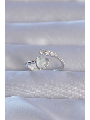 ® Pirinç Gümüş Renk Zirkon Taşlı Sedefli Kalp Model Ayarlanabilir Yüzük