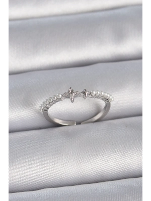 ® Pirinç Gümüş Renk Zirkon Taşlı Sıralı İnci Ayarlanabilir Model Kadın Yüzük