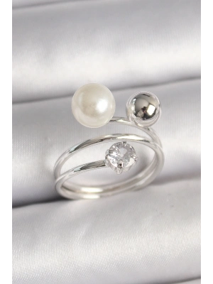 ® Pirinç Gümüş Renk Zirkon Taşlı Toplu İnci Model Kadın Yüzük