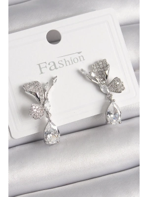 ® Pirinç Gümüş Renk Zirkon Taşlı Turna Kuşu Model Sallantı Detay Kadın Küpe