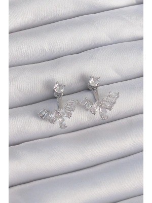 ® Pirinç Gümüş Renk Zirkon Taşlı V Model Küpe
