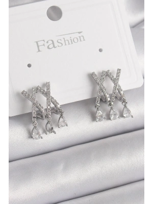 ® Pirinç Gümüş Renk Zirkon Taşlı X Model Sallantı Detay Kadın Küpe