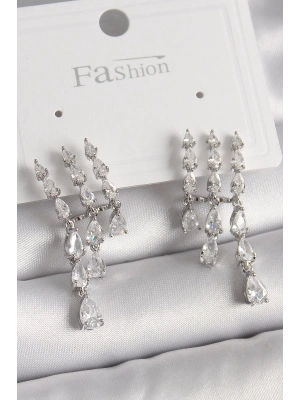 ® Pirinç Gümüş Renk Zirkon Taşlı Yağmur Model Kadın Küpe