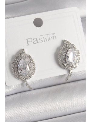 ® Pirinç Gümüş Renk Zirkon Taşlı Yaprak Model Kadın Küpe