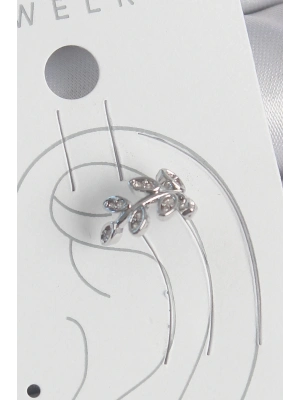 ® Pirinç Gümüş Renk Zirkon Taşlı Yaprak Model Kıkırdak Kadın Küpe