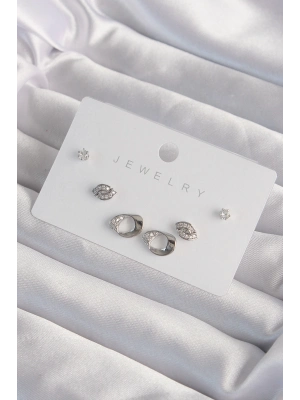 ® Pirinç Gümüş Renk Zirkon Taşlı Yaprak Model Küpe Seti