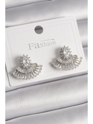 ® Pirinç Gümüş Renk Zirkon Taşlı Yelpaze Model Kadın Küpe