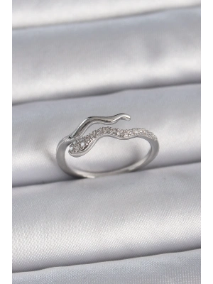 ® Pirinç Gümüş Renk Zirkon Taşlı Yılan Ayarlanabilir Model Kadın Yüzük