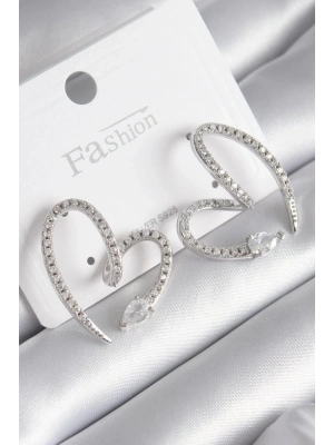 ® Pirinç Gümüş Renk Zirkon Taşlı Yılan Kalp Model Kadın Küpe