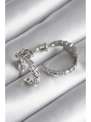 ® Pirinç Gümüş Renk Zirkon Taşlı Yılan Model Kadın Küpe