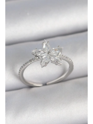 ® Pirinç Gümüş Renk Zirkon Taşlı Yıldız Model Ayarlanabilir Kadın Yüzük