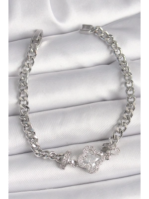 ® Pirinç Gümüş Renk Zirkon Taşlı Yonca Figür Zincir Model Kadın Bileklik