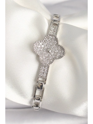 ® Pirinç Gümüş Renk Zirkon Taşlı Yonca Model Kadın Bileklik