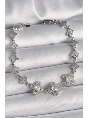® Pirinç Gümüş Renk Zirkon Taşlı Yonca Model Kadın Bileklik
