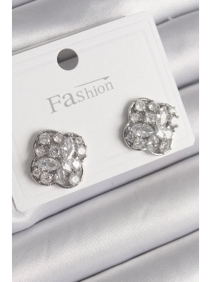 ® Pirinç Gümüş Renk Zirkon Taşlı Yonca Model Kadın Küpe