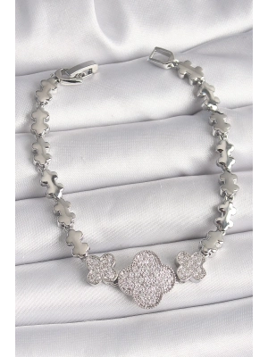 ® Pirinç Gümüş Renk Zirkon Taşlı Yonca Model Zincir Model Kadın Bileklik