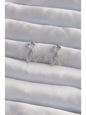 ® Pirinç Gümüş Renk Zirkon Taşlı Zikzak Küpe