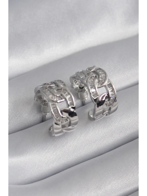 ® Pirinç Gümüş Renk Zirkon Taşlı Zincir Model Kadın Küpe