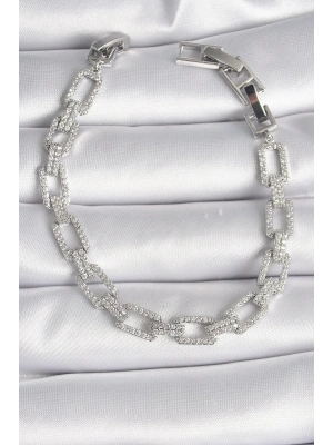 ® Pirinç Gümüş Renk Zirkon Taşlı Zincir Model VIP Seri Kadın Bileklik