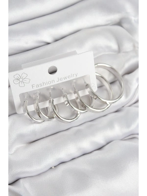 ® Pirinç Halka Model Gümüş Renk Kadın Set Küpe