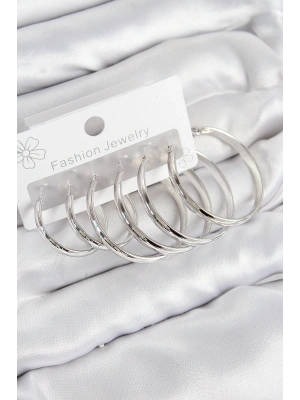 ® Pirinç Halka Model Gümüş Renk Kadın Set Küpe