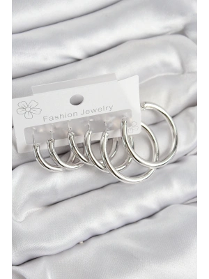 ® Pirinç Halka Model Gümüş Renk Kadın Set Küpe