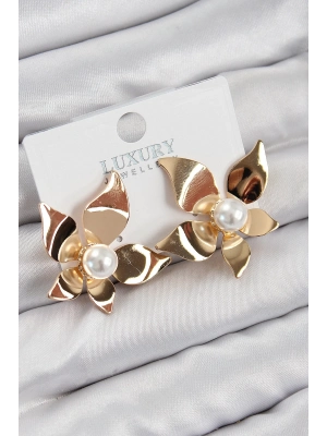 ® Pirinç İnci Detaylı Çiçek Model Gold Renk Kadın Küpe