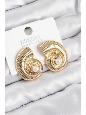 ® Pirinç İnci Detaylı Girdap Model Gold Renk Kadın Küpe