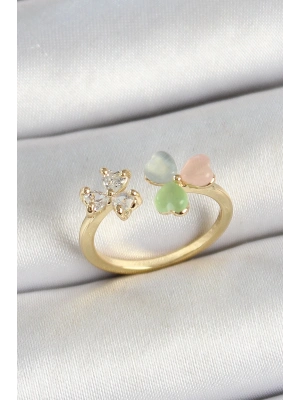 ® Pirinç Kalp Figürlü Zirkon Taşlı Gold Renk Ayarlanabilir Kadın Yüzük