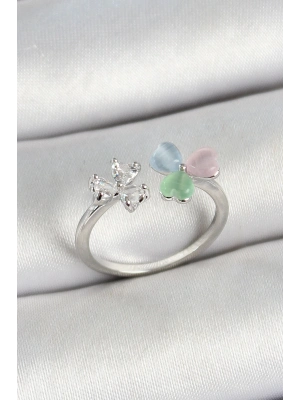 ® Pirinç Kalp Figürlü Zirkon Taşlı Gümüş Renk Ayarlanabilir Kadın Yüzük