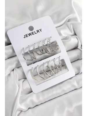 ® Pirinç Karışık Halka Model Gümüş Renk 6 Çift Kadın Küpe Set