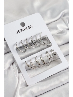 ® Pirinç Karışık Halka Model Gümüş Renk 6 Çift Kadın Küpe Set