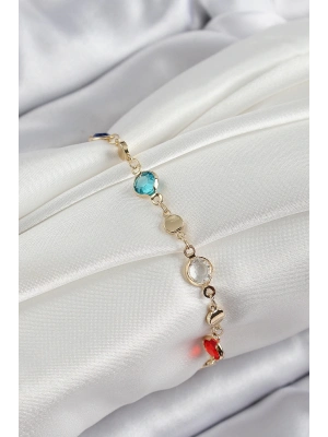 ® Pirinç Karışık Renk Zirkon Taşlı Gold Renk Kadın Bileklik