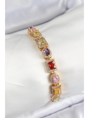 ® Pirinç Karışık Zirkon Taşlı Baget Model Gold Renk VIP Seri Kadın Bileklik