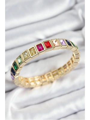 ® Pirinç Karışık Zirkon Taşlı Dikdörtgen Model Gold Renk Lastikli Kadın Bileklik