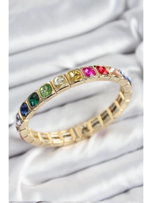 ® Pirinç Karışık Zirkon Taşlı Kare Model Gold Renk Lastikli Kadın Bileklik