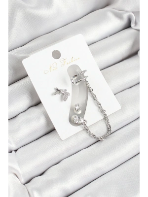 ® Pirinç Kelebek Figürlü Zirkon Taşlı Gümüş Renk 3lü Kıkırdak Kadın Küpe Set