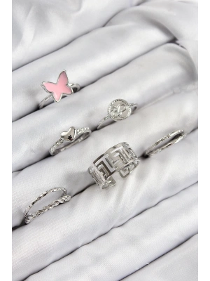 ® Pirinç Kelebek Ve Kalp Model Gümüş Renk Kadın Yüzük Kombin Set