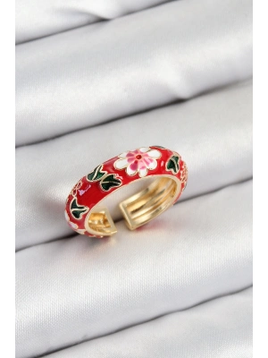 ® Pirinç Kırmızı Mineli Çiçek Motifli Gold Renk Ayarlanabilir Kadın Yüzük