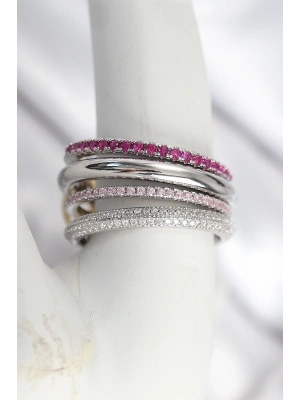 ® Pirinç Gümüş Renk Zirkon Taşlı 4Lü Kadın Yüzük